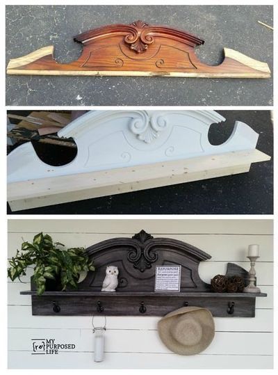 Repurposed Hutch, Hutch Top, Diy Furniture Makeover Ideas, Headboard With Shelves, Coat Rack Shelf, Cottage Shabby Chic, Rack Shelf, Repurposed Furniture Diy, Refurbished Furniture