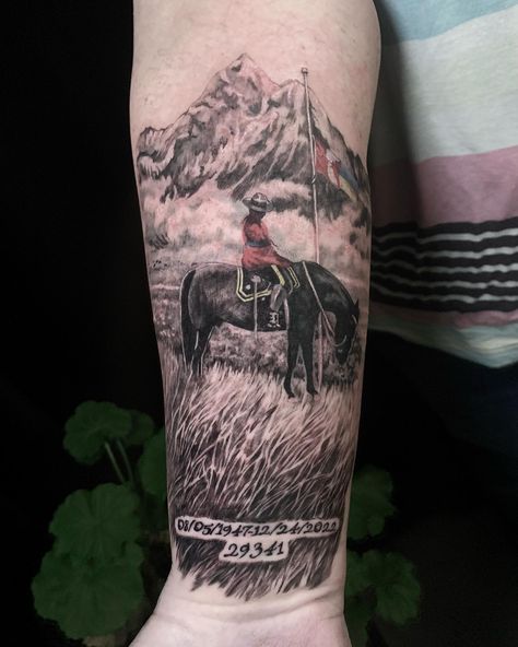 Here is some progress of a memorial tattoo that @jenskinart is working on. It appears to consist of an RCMP member on a horse in a field, with a mountain in the background. We look forward to the final result! Field Tattoo, Mama Tried, Horse Memorial, Memorial Tattoo, Nature Tattoos, Best Tattoo, Hidden Gem, Black And Grey Tattoos, A Horse