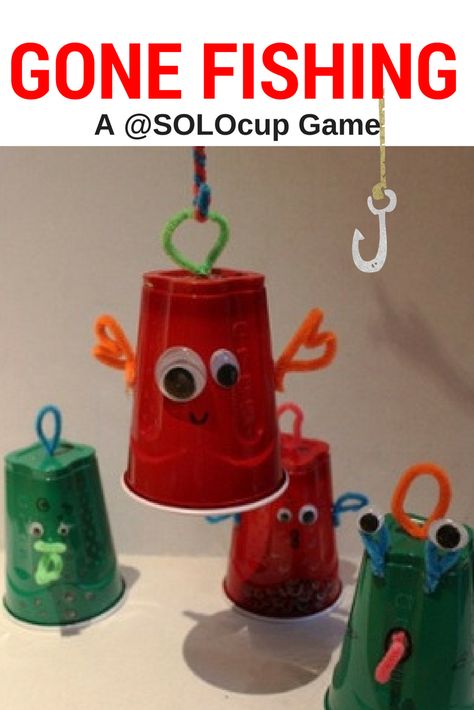 This #DIY Solo Cup game, Gone Fishing, is perfect for keeping your child entertained! Solo Cup Games, Fishing Party Games, Diy Fishing Game, Ocean Games, Fishing Games For Kids, Fishing Theme Birthday, Magnetic Fishing Game, Cup Game, Plastic Party Cups