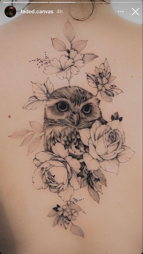 Mom And Daughter Owl Tattoos, Feminine Owl Tattoo Half Sleeves, Roses And Chrysanthemums Tattoo, Half Owl Half Flower Tattoo, Womens Owl Tattoo, Owl Spine Tattoo, Pretty Owl Tattoo, Owl Tattoo For Women Back, Owl Tattoo For Women Sleeve Forearm