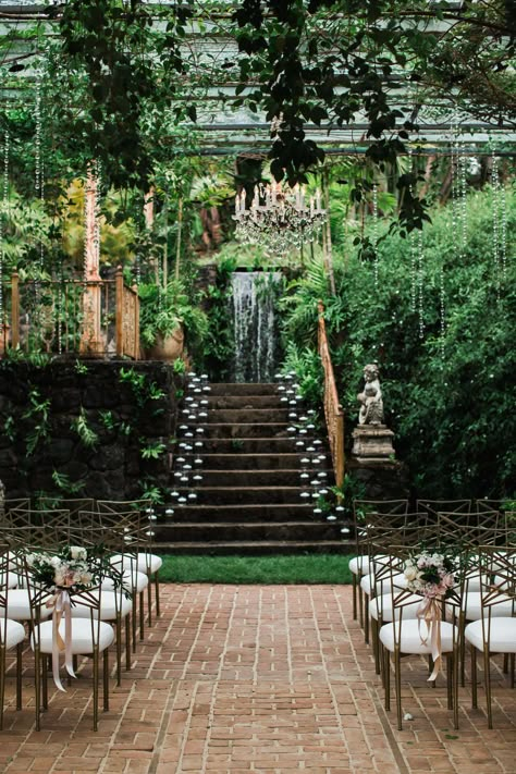 tropical wedding ceremony with romantic candlelight and glam chairs Tropical Wedding Venue, Haiku Mill Wedding, Destination Wedding Cost, Shades Of Mauve, Haiku Mill, Jungle Wedding, Wedding Venues Hawaii, Ooh Ahh, Secret Garden Wedding