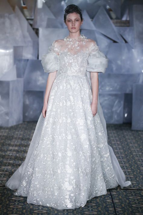 Ice queen vibes | WedLuxe – Mira Zwillinger -Spring 2019 Collection |  Follow @WedLuxe for more wedding inspiration!  #wedluxe #wedluxemagazine #weddingdecor #weddinginspo #mirazwillinger #queenofice #spring2019 Curvy Wedding Dress, Bridal Runway, Wedding Dresses Taffeta, Mira Zwillinger, Blush Wedding Dress, White Bridal Dresses, Blue Wedding Dresses, Illusion Neckline, Custom Wedding Dress