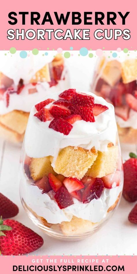 Look forward to these Strawberry Shortcake Cups! They're an easy 4th of July recipe and Memorial Day party food. With layers of pound cake, Cool Whip, and fresh strawberries, these trifle cups are a fun and delicious summer dessert idea! Individual Strawberry Shortcake, Strawberry Shortcake Cups, Shortcake Cups, Trifle Cups, Strawberry Shortcake Dessert, Strawberry Shortcake Trifle, Easy Strawberry Shortcake, Strawberry Trifle, Mini Dessert Cups