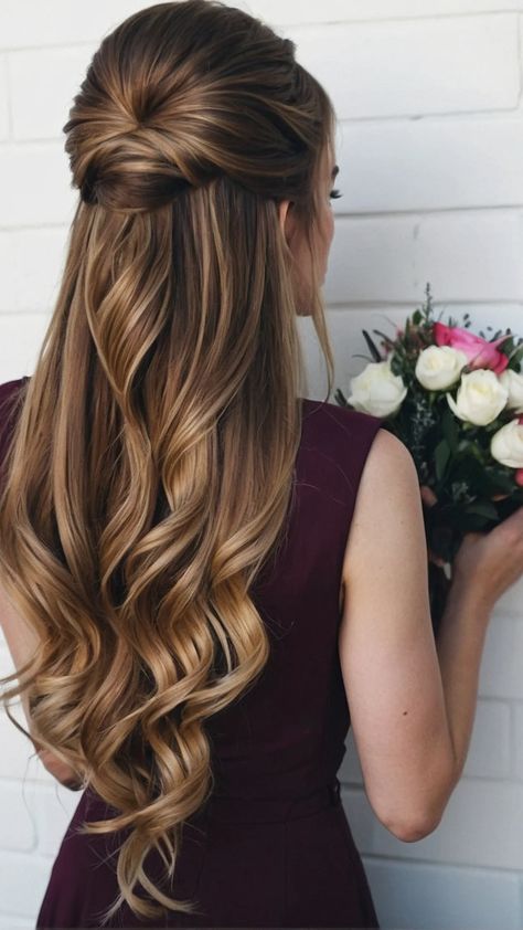 Light Curls Long Hair, Curly Hair Prom Styles, Hair Prom Styles, Updo For Prom, Light Brown Hair Styles, Brown Hair Styles, Roka Ceremony, Prom Styles, Hairstyle For Prom