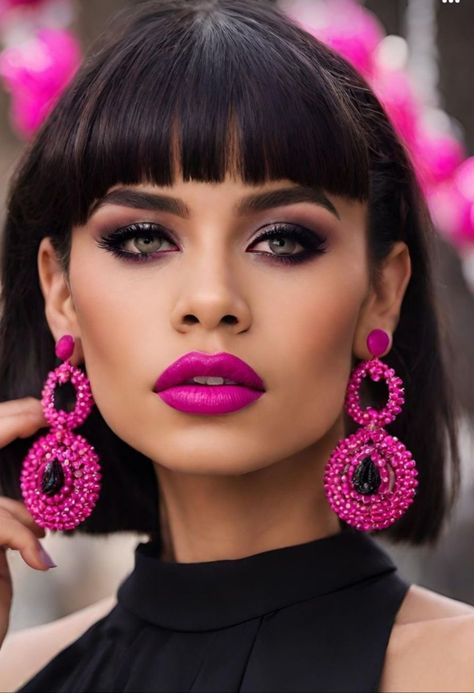 Fushia Dress Makeup, Hot Pink Lipstick Makeup Look, Makeup With Pink Lips, Pink Dress Makeup, Dark Lipstick Shades, Black Pink Dress, Turquoise Eyeshadow, Skin Tutorial, Peachy Eyeshadow