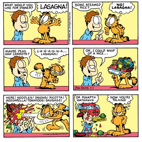 Garfield Comic, Garfield Cartoon, Garfield Comics, Rice Dinner, Comic Layout, The Menu, The 8, Comic Strip, Good Luck