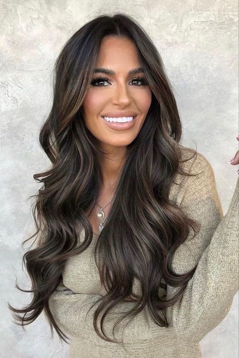 Baby Lights Dark Hair, Light Brown Ash Hair, Cool Winter Hair Color Palette, Baby Lights On Black Hair, Baby Lights Hair Brunette Dark Brown, Tia Booth Hair, Baby Lights Caramelo, Baby Highlights Brown Hair, Ash Brown Balayage On Dark Hair