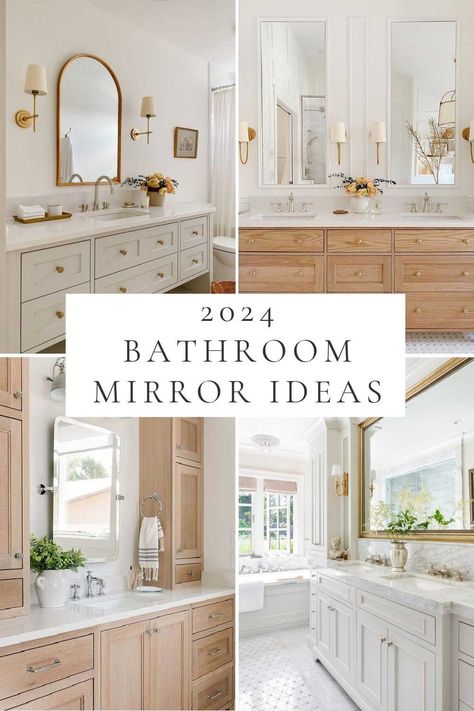 Beautiful bathroom vanity mirror ideas and trends for 2024, with inspiration images, sources, mixed metals, and tips for choosing the perfect bathroom wall mirrors for master bathrooms, powder rooms, and small full bathroom! Bathroom Two Vanity Ideas, Small Bathroom Ideas Mirrors, Bathroom Mirrors High End, Bathroom Light Mirror Ideas, Bathroom Interior Design Vanity, Small Bathroom Ideas Timeless, Double Sink Vanity With One Mirror, Large Mirror With Sconces, Vanity Bathroom Mirror Ideas