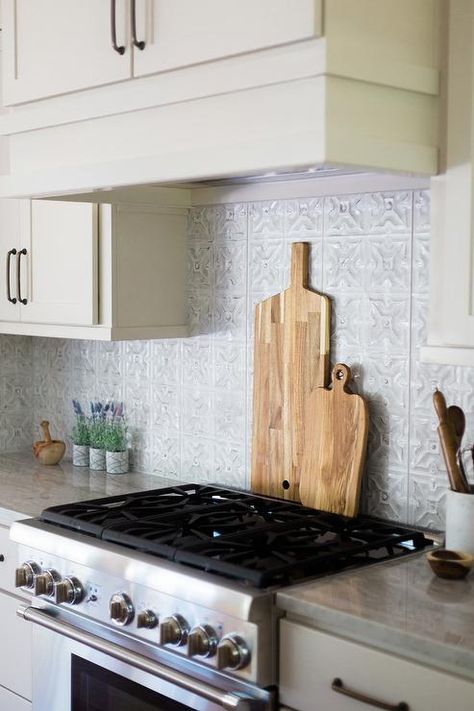 Gray Tin Kitchen Backsplash Tiles - Cottage - Kitchen Tin Tile Backsplash Kitchen, Stamped Tin Backsplash, Mirrored Kitchen Backsplash, Corrugated Tin Backsplash, Cottage Backsplash, Mirrored Kitchen, Pressed Tin Backsplash, Ceiling Tile Backsplash, Tin Ceiling Backsplash