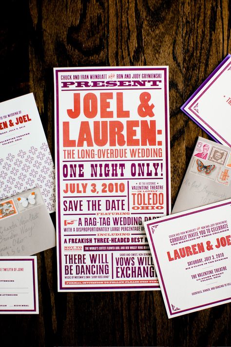 Another cute rock concert style invite. Love the "one night only!" Fun and relevant but the theme might be lost on more traditional guests receiving the invite. Letterpress Save The Dates, Wedding Silhouette, Letterpress Wedding, Letterpress Wedding Invitations, Concert Poster, Invitation Inspiration, Beautiful Paper, Wedding Paper, Purple Wedding