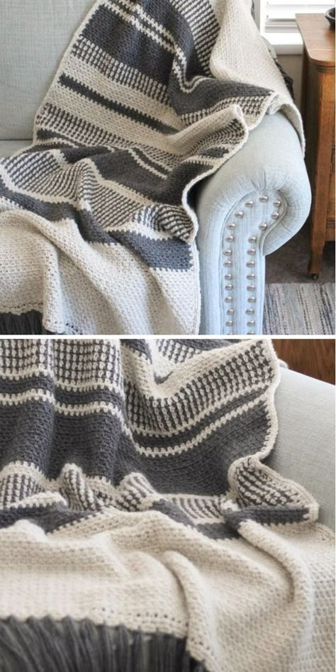 Comfy and Modern Winter Crochet Blankets. This incredible crochet afghan in the pictures below was made by littleredknits and it mimics a stunning, hand-woven fabric by using only single crochet and chain stitches, commonly known as the linen or moss stitch. Have you tried it already? Make sure to let me know! #freecrochetpattern #blanket #throw Modern Afghan, Crochet Blanket For A Man, Crochet Blanket Men Pattern, Male Crochet Blanket Patterns, Modern Crochet Afghan, 2 Tone Crochet Blanket, Free Crochet Blanket Patterns For Men, Crochet Blanket Pattern For Men, Moss Stitch Crochet Blanket Pattern Free