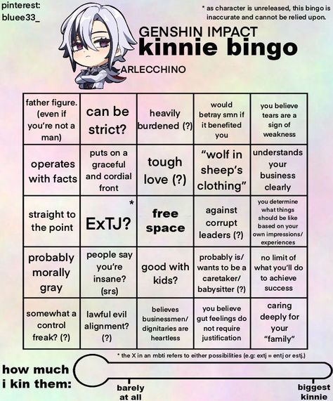 [Arlecchino is unreleased. This means that you should probably take this bingo with a grain of salt, after her release as a playable character I will update it. Thank you for reading.] A kinnie bingo about Arlecchino from Genshin Impact. - Disclaimer: This bingo is only for fun and will not always be accurate nor entirely serious. - Another disclaimer: I do not own Hoyoverse or Genshin Impact. [requested by Kae!] Raiden Kinnie Bingo, Genshin Impact Kin Bingo, Wanderer Kinnie Bingo, Genshin Kin Bingo, Kazuha Kinnie Bingo, Furina Kinnie Bingo, Scaramouche Kinnie Bingo, Genshin Bingo, Kinnie Bingo Genshin