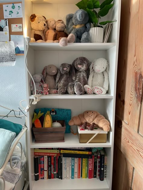 Jellycat Organisation, Teddy Display Ideas, Jellycat Collection Display, Jelly Cat Display, Jellycat Display Bedroom, Jellycat Storage, Shelf Room Ideas, Stuffed Animal Display Ideas, Plushie Shelf