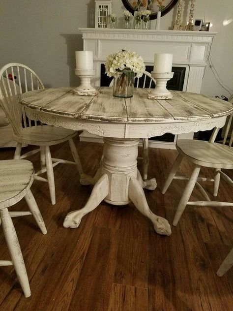 Round Painted Table Ideas, Round Table Repurpose Ideas, Small Round Farmhouse Table, Painted Kitchen Table And Chairs Ideas, White Wash Round Dining Table, Round Farmhouse Tables, Kitchen Table And Chairs Farmhouse, Redoing Kitchen Table And Chairs, Round Farmhouse Kitchen Table