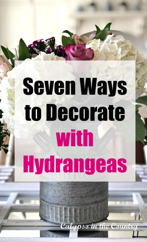 Seven Ways to Decorate With Hydrangeas - includes tablescapes, centerpieces, vignettes and more! Flower Arrangements With Hydrangeas And Roses, Hydrangea Arrangements Farmhouse, Arrangement With Hydrangea, Table Decor With Hydrangeas, Hydrangea Table Decorations, Dry Hydrangeas Decor, How To Display Dried Hydrangeas, Hydrangea Floral Arrangements Vases, Centerpiece With Hydrangea