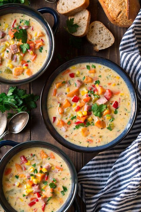 Ham And Corn Chowder, Corn Chowder With Ham, Sweetcorn Soup Recipes, Sweetcorn Soup, Summer Corn Chowder, Ham Chowder, Corn Chowder Soup, Potato Corn Chowder, Swedish Food