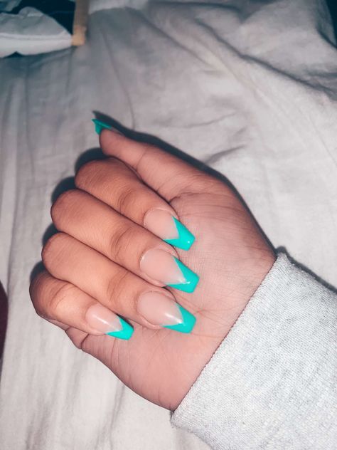 Teal Nail Inspo Acrylic, French Tip Turquoise Nails, Teal Tip Nails, Turquoise Nails French Tip, Teal Country Nails, Teal Prom Nails, Turquoise Country Nails, Turquoise French Tip, Western French Tip Nails