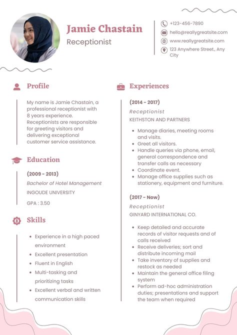 Ready to take your career to the next level? Our resume design ideas can help you create a professional and polished document that will set you apart from the rest. Resume Design Ideas, Office Receptionist, Receptionist Resume, Job Resume Template, Job Opportunity, Resume Maker, Cv Resume Template, Photo Collage Maker, Cv Resume