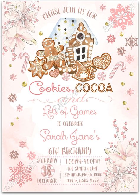 Quickly personalize. Includes matching thank you card.   Host a successful birthday party starting with this winter cookies & cocoa pink invite!   You can edit this product yourself, during and/or after purchase. Print or send as an Evite.  Image watermarks will be removed after purchase.  The dimensions are 5"x7". Christmas Candy Birthday Party, Winter Wonderland 2nd Birthday Party, Christmas Birthday Party Invitations, Winter Birthday Party Ideas For Kids, Winter Birthday Party Themes, December Birthday Party Ideas, Winter Birthday Theme, Winter Baby Birthday Party, Cookies And Cocoa Party