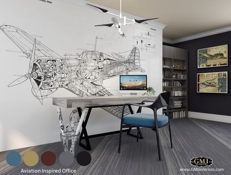 Airplane Theme Office, Aviation Home Decor, Aviation Office Interior Design, Home Office Paint Ideas, Aviation Office, Air Force Decor, Plane Wall Art, Plane Decor, Aviation Theme