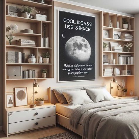 15 Cool Ideas To Use Space Behind The Bed » HomeDecorFull Bookshelf Above Bed, Behind Bed Decor, Bedside Wall Shelf, Wall Behind Bed, Bedroom Built Ins, Small Guest Room, Headboard With Shelves, Cool Bookshelves, Beauty Room Decor