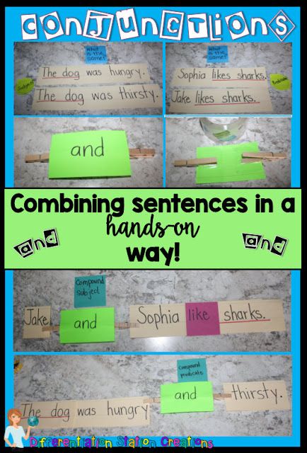 Get Hands On with Conjunctions! Make a quick and easy manipulative to bring the conjunctions alive. Combine sentences to create compound subjects or predicates. Conjunction Activities, Compound Subjects And Predicates, Teaching Conjunctions, Conjunctions Activities, Compound Subject, Combining Sentences, Subordinating Conjunctions, Coordinating Conjunctions, Compound Sentences