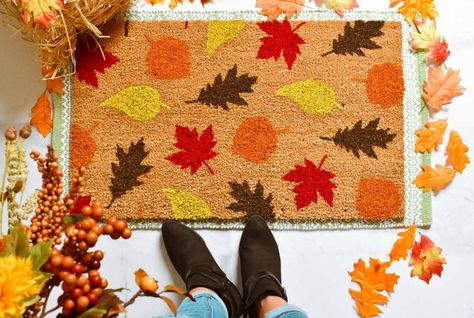 Fall Leaves Doormat Fall Doormat Fall Decor Fall Porch | Etsy Autumn Entryway, Doormat Ideas, Tupelo Mississippi, Fall Doormat, Weathered Paint, Happy Pumpkin, Bridal Shower Welcome Sign, Front Door Mats, Fall Decorations Porch