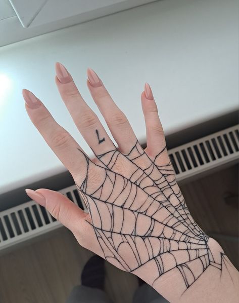 spider web tattoo Behind Ear Spider Web Tattoo, White Spider Web Tattoo, Hand Tattoos Spiderweb, Spider Web Hand Tattoos For Women, Hand Web Tattoo, Spider Tattoo Men Neck, Hand Tattoo Spider Web, Spider Web Reference, Cobweb Hand Tattoo