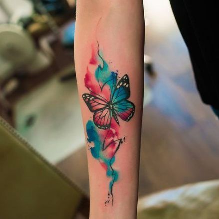 Watercolor Butterfly Tattoo, Colorful Butterfly Tattoo, Small Watercolor, Butterfly Tattoos For Women, Trendy Tattoo, Gorgeous Tattoos, Tatuaje A Color, Butterfly Tattoo Designs, Girly Tattoos