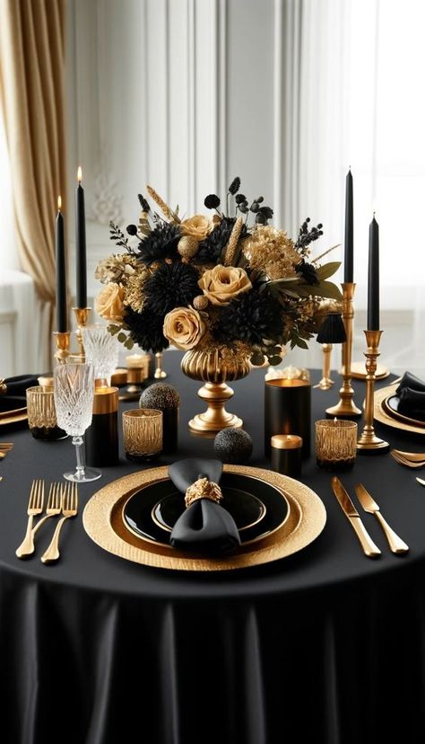 Go green with these 21 eco-friendly table decor ideas. Sustainable and stylish for every occasion! 🌿 --- Elegant black and gold table decor idea with a black tablecloth, gold candlesticks, and a centerpiece of black and gold flowers. The table is adorned with gold-rimmed plates, black napkins, and crystal glasses. The place settings include gold flatware and black napkin rings. Party Table Centrepiece Ideas, Gold And Black Party Centerpieces, Black Gold Table Setting, Centerpieces Black And Gold, Black And Gold Party Ideas, Black And Gold Table Centerpieces, Black And Gold Table Setting, Gold Table Settings, Black And Gold Centerpieces