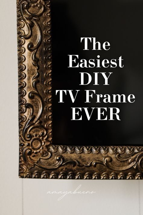 Super easy DIY tv frame for only $30! You don't need any special tools or skills! Gorgeous antique + vintage inspired look for less. Framing Tv On Wall, Frames Around Tv, Frame Around Tv, Diy Tv Frame, Frame Tv Gallery Wall, Decorating Around A Tv, Gold Frame Gallery Wall, Picture Frame Tv, Tv Gallery Wall