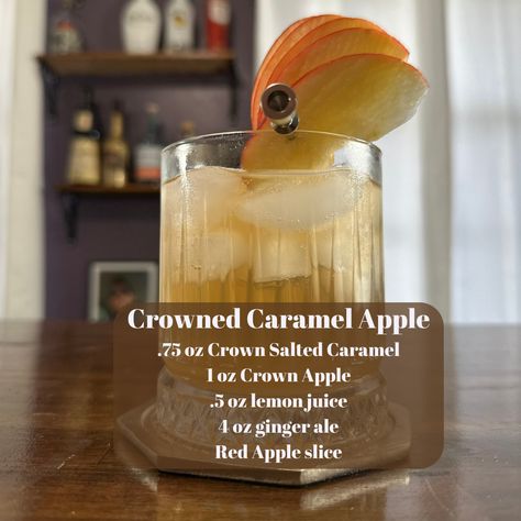 Discover the 'Crowned Caramel Apple' cocktail - a perfect autumn blend of Crown Salted Caramel and Crown Apple with a zesty touch of lemon and ginger ale. An easy, refreshing recipe for at-home bartenders, ideal for cozy evenings and seasonal gatherings. Savor the sweet and tangy flavors of fall in a glass! Salted Carmel Crown Recipe, Crown Vanilla Drinks Recipes, Salted Caramel Crown Royal Drinks Recipes, Vanilla Drink Recipes, Crown Vanilla, Crown Drink, Caramel Cocktail, Vanilla Drinks, Crown Royal Drinks