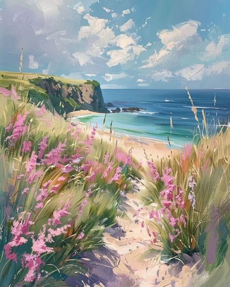 High Quality Paintings, Seaside Paintings Beaches, Peaceful Landscape Painting, Paintings Of The Sea, Ocean Beach Painting, Art Landscapes Painting, Coastal Painting Ideas, Seaside Drawing, Sea Painting Ideas