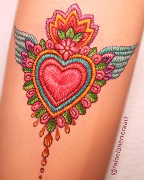 Mexican Mom Tattoo, Embroidery Heart Tattoo, Mexican Design Tattoo, Mexico Flower Tattoo, Mexican Bird Tattoo, Traditional Mexican Tattoo For Women, Embroidery Tattoos For Women, Feminine Mexican Tattoos, Mexican Floral Tattoo