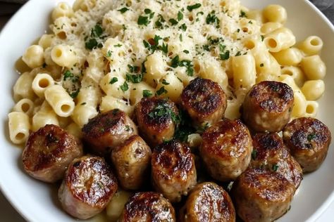 Garlic Butter Sausage Bites with Creamy Parmesan Pasta Noodles And Sausage, Garlic Butter Sausage, Peppers Onions And Potatoes, Creamy Parmesan Pasta, Parmesan Noodles, Making Pies, Sausage Bites, Butter Noodles, Pork Dinners