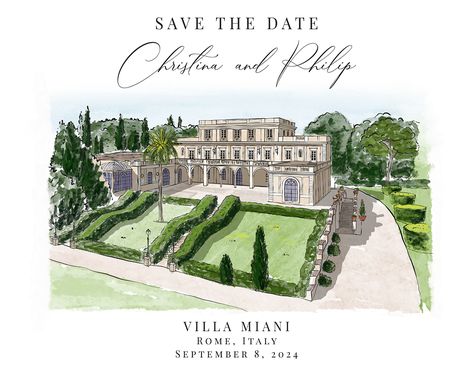 Rome Watercolor, My Drawing Style, Save The Date Design, Date Design, Wedding Villa, Venue Illustration, Bespoke Invitations, Save The Date Designs, Custom Watercolor