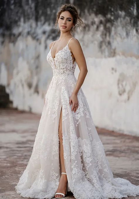 Wedding Dresses With Split, Honeymoon Dresses, Wedding Dresses Spaghetti Strap Flowy, A Line Lace Wedding Dress With Spaghetti Straps, Western Bridal Dresses, Flowy Wedding Dress With Spaghetti Straps, Romantic Wedding Dresses, Wedding Dress Satin, Wedding Dresses Curvy