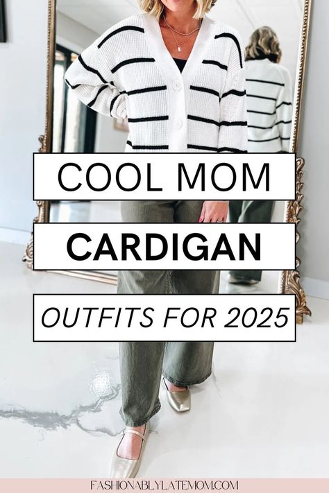 Looking for easy and stylish ways to wear a cardigan? This guide offers casual mom style inspiration for creating chic and comfortable outfits. Pair your favorite cardigan with other women's top to create effortless looks that are perfect for busy days while still looking put together. Busy Mom Style Outfits, Tshirt And Cardigan Outfit, Styling A Cardigan Outfit Ideas, What To Wear With A Cardigan, How To Style A Cardigan Sweater, Play Date Outfit For Mom, How To Style A Long Cardigan, Neutral Cardigan Outfit, Black Cardigan Outfit Work