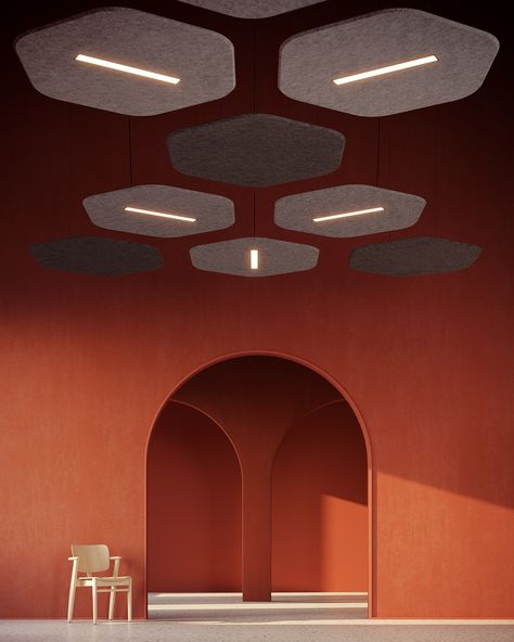 Acoustic Pendant Light, Felt Lighting, Bulkhead Design, Acoustic Ceiling Panels, Acoustic Panel, Acoustic Solutions, Suspended Ceiling, Sound Absorption, Reception Area