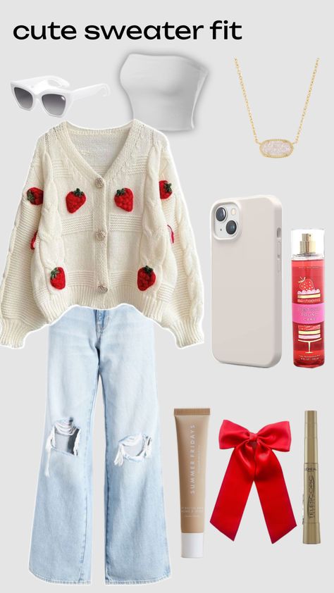 cute sweater fit!!!! #strawberry #red #fitsporation #fitspoaesthetic #outfit #outfitinspo #inspo Cute Sweater, Sweater Fits, Cute Sweaters, Outfit Inspo, Red