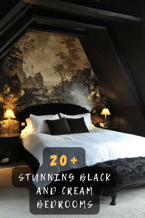 Looking to create a timeless and elegant vibe in your bedroom? Explore 20 black and cream bedroom ideas that perfectly balance contrast and warmth. From modern designs to cozy setups, these inspirations will transform your space into a stylish retreat. Click to see them all 🖤🤍. #BedroomDecor #ClassicDesign #InteriorInspo Black Damask Wallpaper Bedroom, White Walls Black Accents, Black Romantic Bedroom, Black Accents Bedroom, Cream And Black Bedroom Ideas, Moody Bedroom White Walls, Black And Cream Bedroom Ideas, Black And White Bedrooms, Black And Cream Bedroom