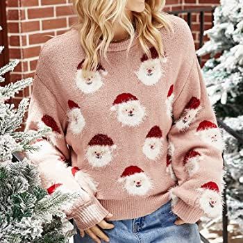 SSKA Christmas Women Sweater - Santa Claus Snowflake Kawaii Ugly Sweater - Pink Boho Cute Knit Clothes for Holiday,Party (L) : Amazon.ca: Clothing, Shoes & Accessories Santa Sweater, Ugly Christmas Sweater Women, Pull Rose, Pullover Mode, Style Party, Style Upgrade, Round Neck Sweaters, Sweater Sale, Christmas Knitting