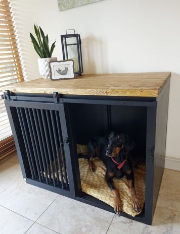 Unique Dog Crates, Homemade Dog Crates, Indoor Dog Crate Furniture, Wooden Dog Projects, Dog Room Divider, Pets Home Ideas, Creative Dog Crate Ideas, Dog Creates Furniture, Dog Crate Furniture Large