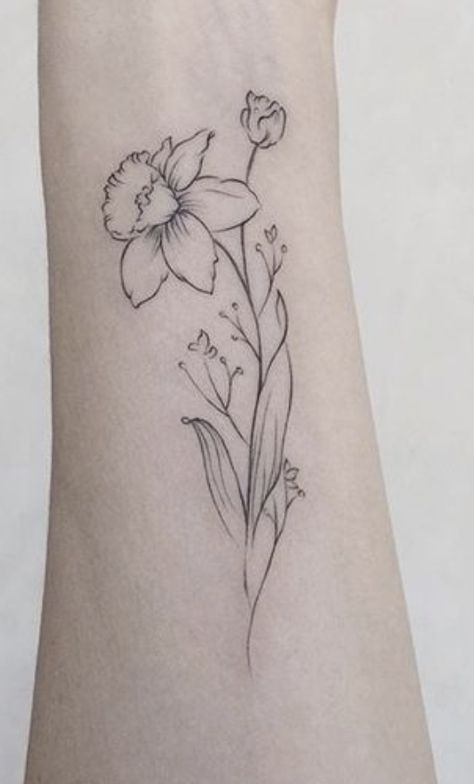 Daffodil With Name Tattoo, Daffodil And Bee Tattoo, Daffodil Birth Flower Tattoo, Delicate Daffodil Tattoo, Daffodils Flower Tattoo, Daffodil And Jonquil Tattoo, Daffodil Back Tattoo, Daffodil Line Tattoo, Daffodil Tattoo Fine Line