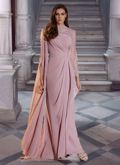 Sparkly Long Sleeves Column Chiffon Evening Dresses With Beading Gown Elegant, Satin Evening Dresses, Dresses Formal Elegant, Evening Gowns Elegant, Pink Gowns, Dresses Royal, Rust Dress, Dress Dusty, Quality Dresses