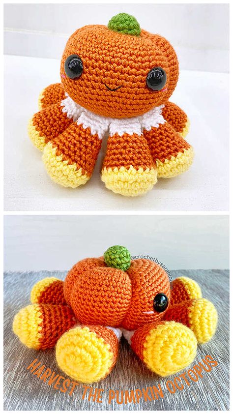 Crochet Pumpkin Octopus, Crochet Fall Craft Fair Ideas, Octopus Amigurumi Free Pattern, Fall Amigurumi, Crochet Jokes, Halloween Crochet Patterns Free, Amiguri Crochet, Crocheted Stuffies, Crochet Halloween Patterns Free