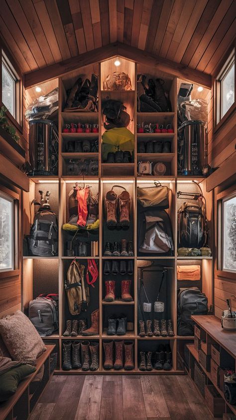 A tiny home with an adventure storage wall, neatly organizing camping gear and outdoor essentials. Hunting Room Storage Organization Ideas, Gear Wall Storage, Camping Gear Wall, Gear Room Organization, Gear Room Ideas, Outdoor Gear Organization, Outdoor Gear Storage, Gear Organization, Tiny Home Living