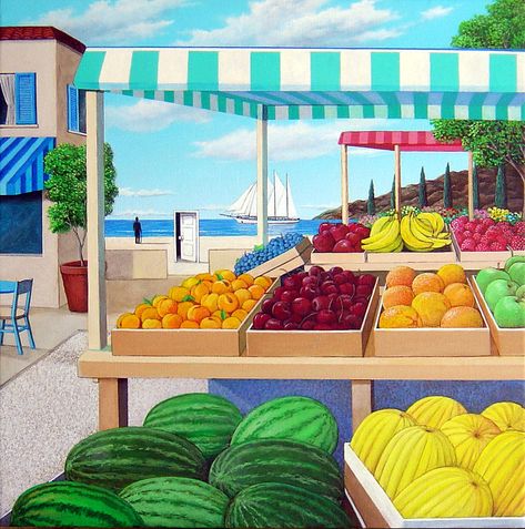 Fruit Stand Drawing, Fruit Market Drawing, Fruit Stall Drawing, Fruit Stand Wood, Market Seen Painting, Vegetable Market Drawing, Fruit Basket Painting, Fruit Stands, Round Beach Towels