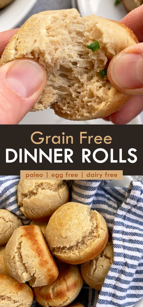 These healthy dinner rolls are made with almond flour, tapioca flour and yogurt. They have a chewy, doughy texture and are the perfect dinner addition or paleo Thanksgiving side dish. This bread roll recipe is paleo, gluten free, grain free and egg free. #dinnerrolls #grainfree #eggfree #breadrolls Healthy Dinner Rolls, Paleo Thanksgiving Side Dishes, Paleo Dinner Rolls, Grain Free Recipes Dinner, Grain Free Dinner, Vegan Dinner Rolls, Paleo Thanksgiving, Grain Free Bread, Aip Paleo Recipes