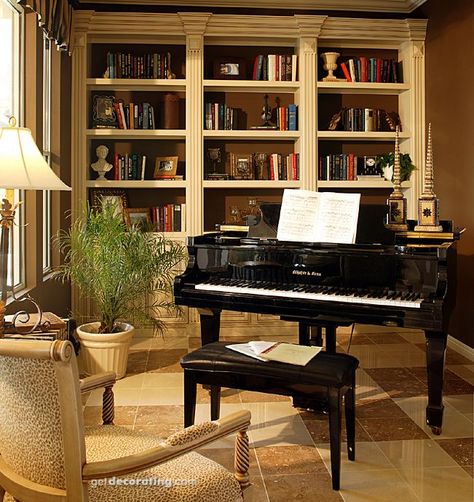 Music/Sitting Rooms @ http://www.getdecorating.com/music_rooms.cfm?profile=21364=1=1 Piano Room Design, Grand Piano Room, Piano Living Rooms, Home Library Rooms, Home Music Rooms, Piano Decor, Library Room, House Updates, Piano Room